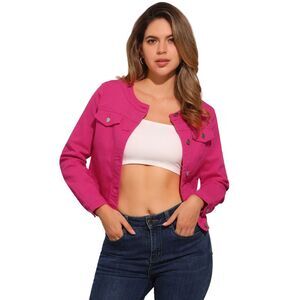 Denim Jacket Button Down Collarless Long Sleeve Jean Jacket Hot Pink